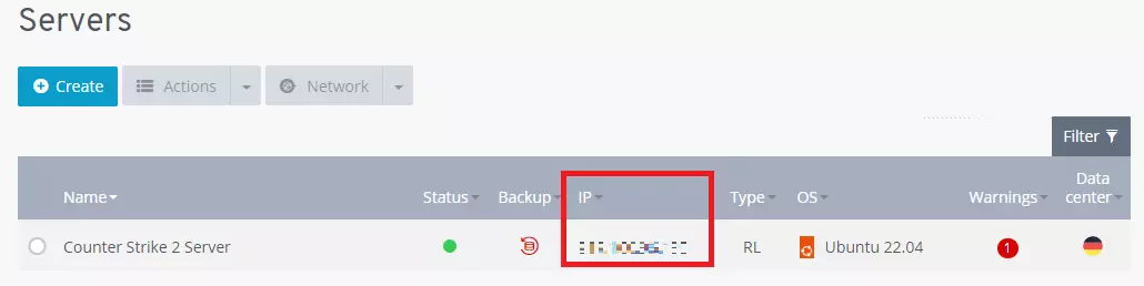 Server IP address in customer account dashboard