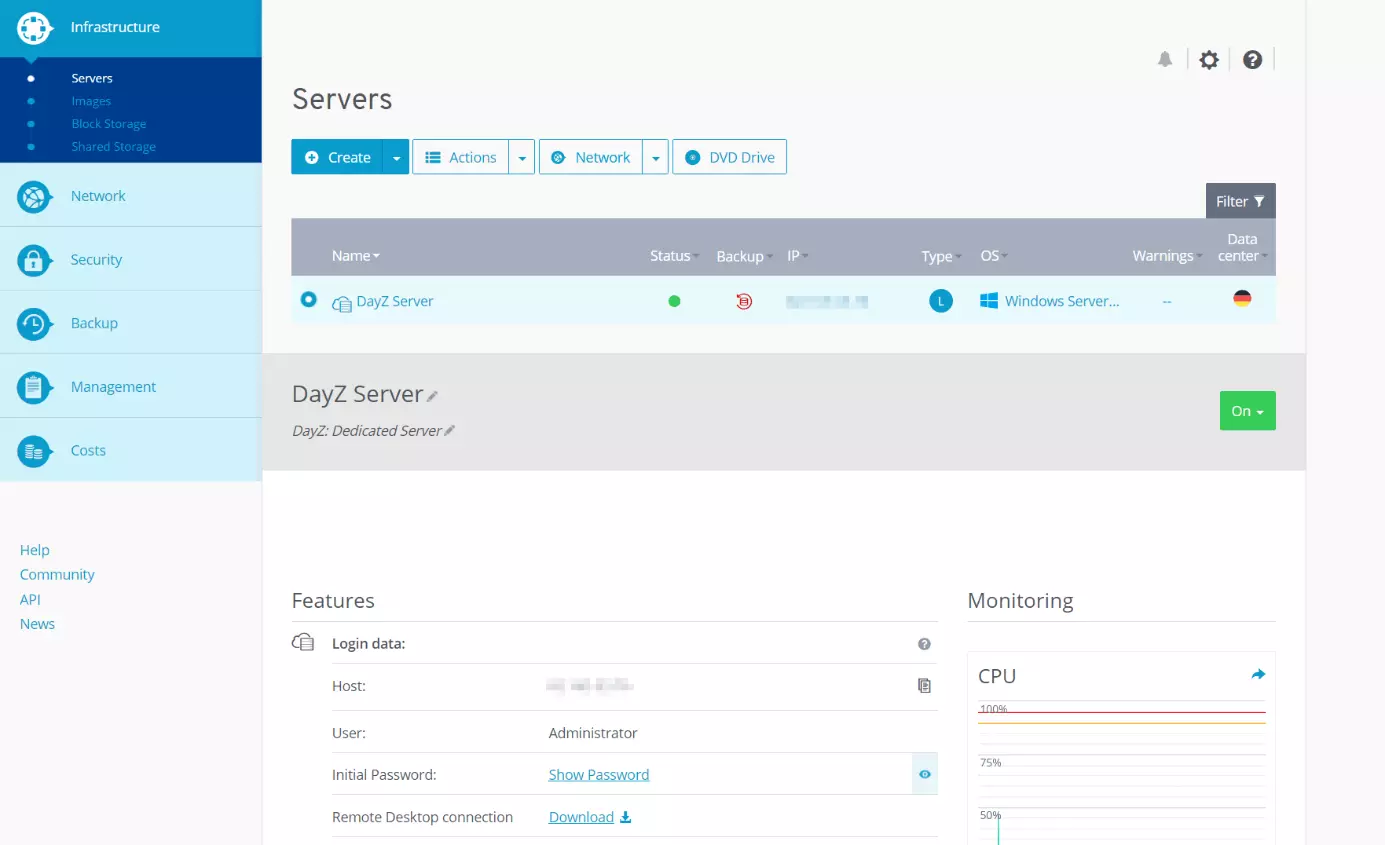 IONOS Cloud Panel: Login credentials for the DayZ Server