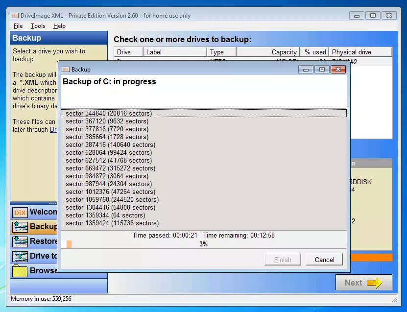 DriveImage XML 2.60: Backup processes