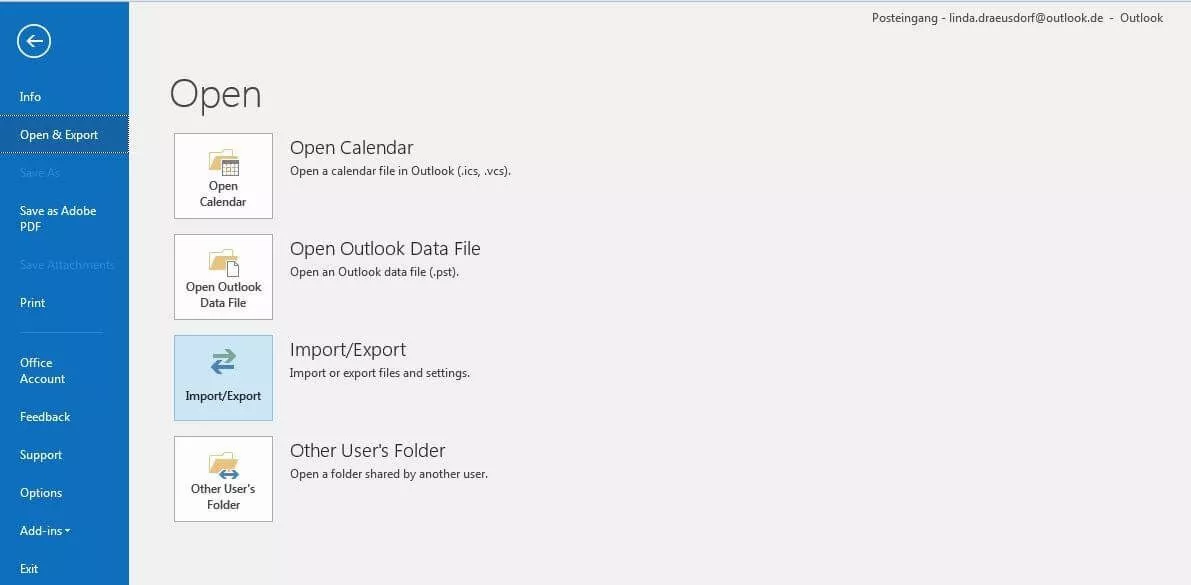 Submenu “Open & Export” in Outlook 2016