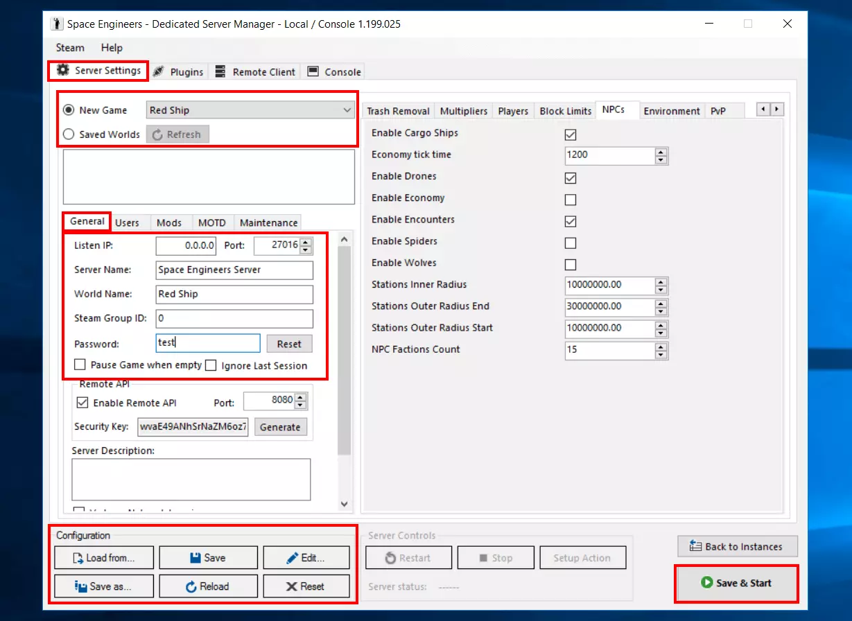 Space Engineers: Server Settings in the Dedicated Server Manager