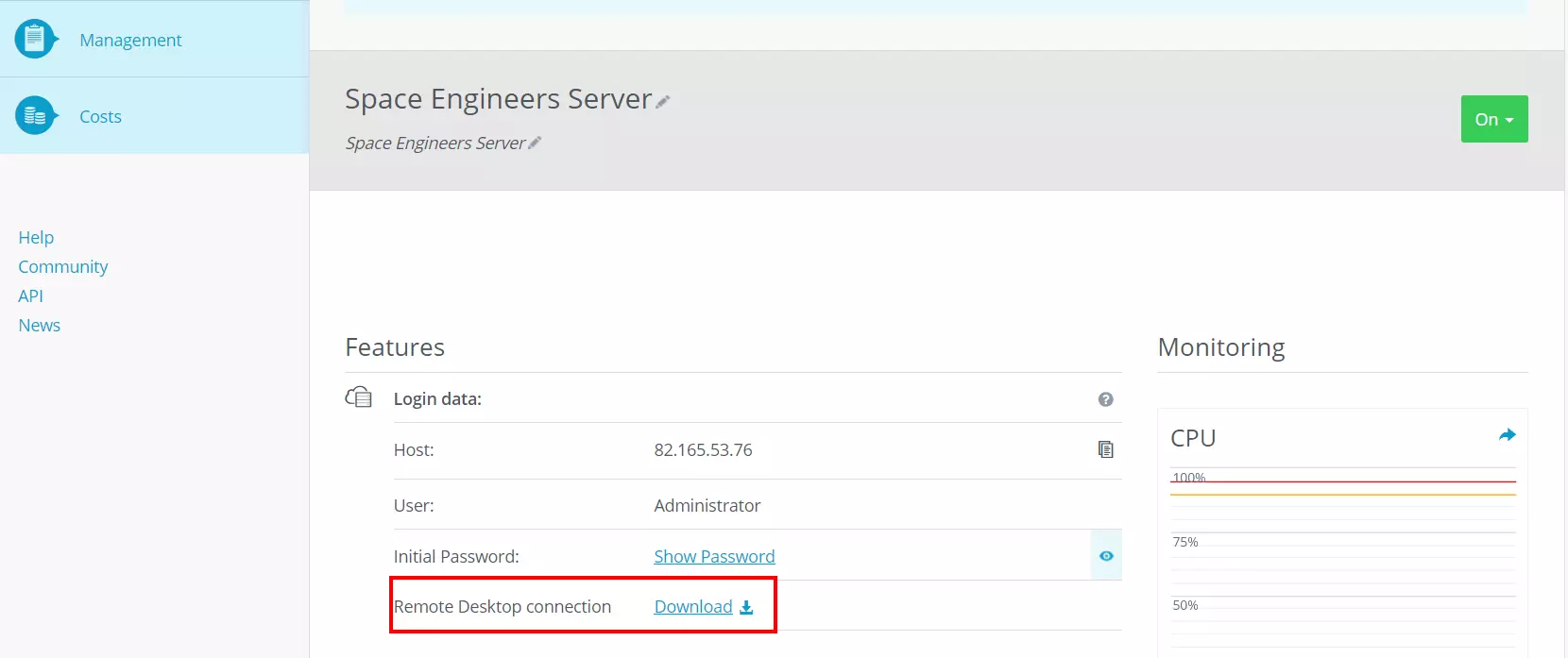 Server data overview in the IONOS Cloud Panel