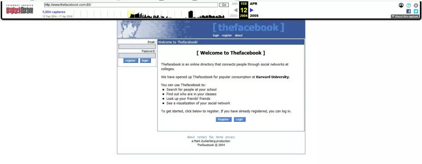 Thefacebook log-in page from February 12th, 2004 in the Wayback Machine