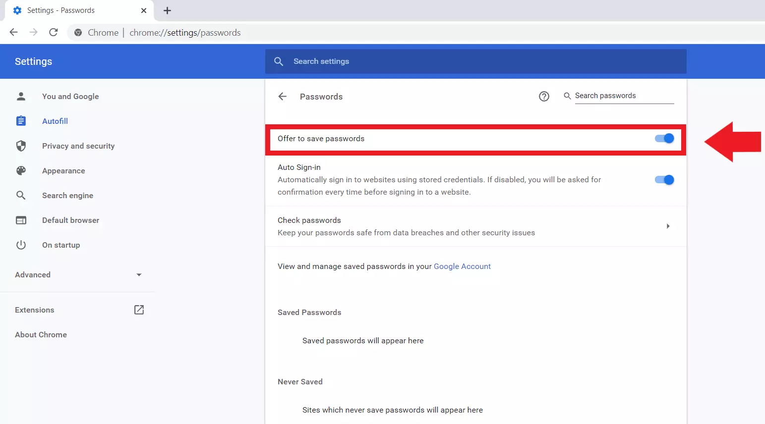 Google Chrome: “Passwords” menu, “Offer to save passwords” option