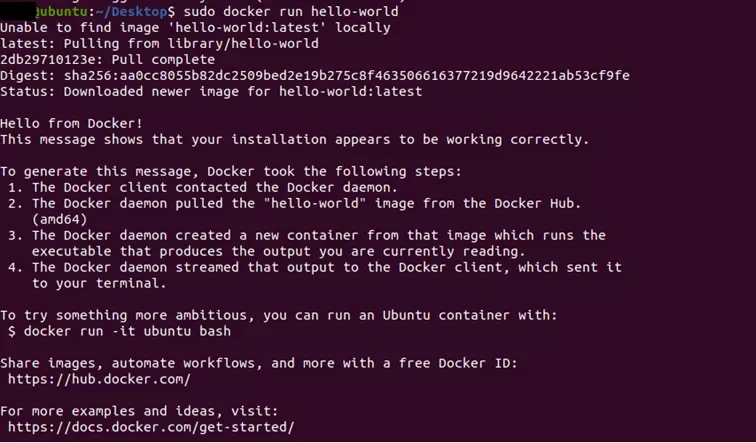 Terminal output after running “docker run hello-world”