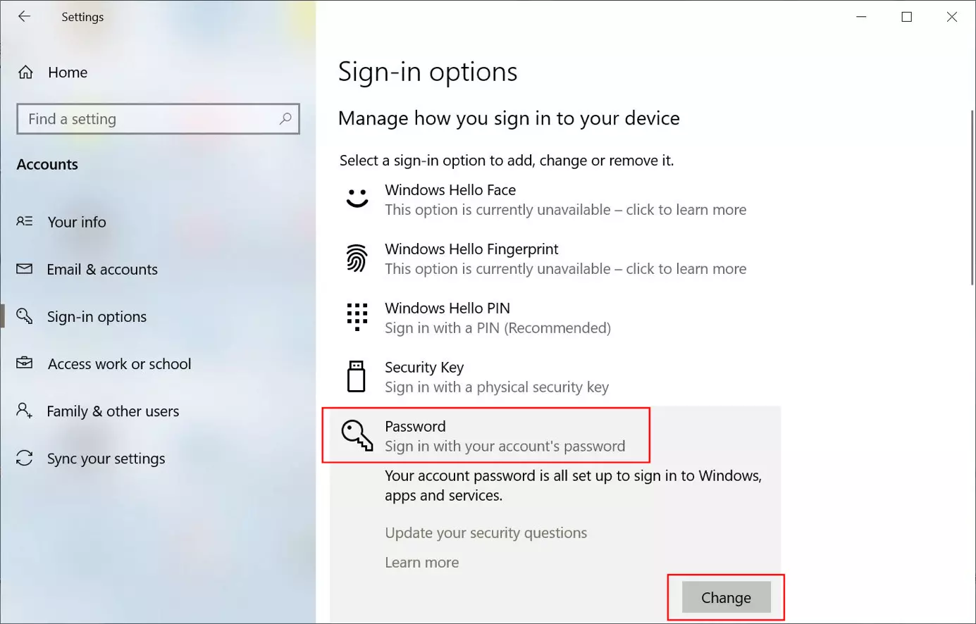 Windows 10: “Sign-in options” with password menu.