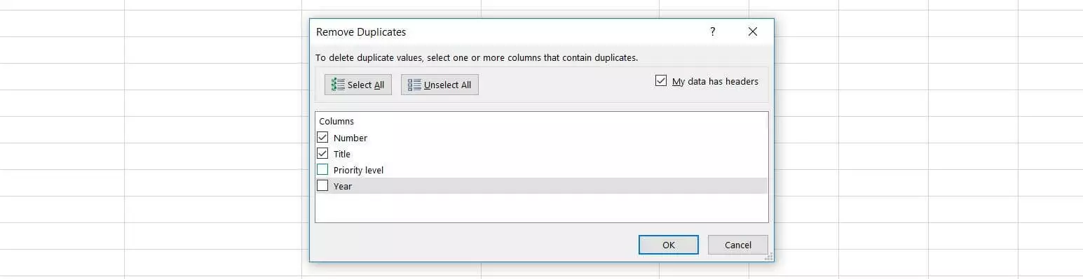 The “Remove Duplicates” dialog window in Excel 2016