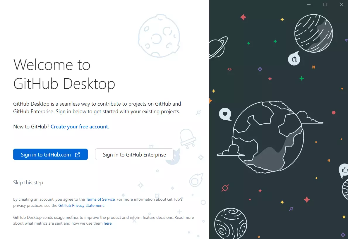 After you install GitHub Desktop, the welcome page is displayed