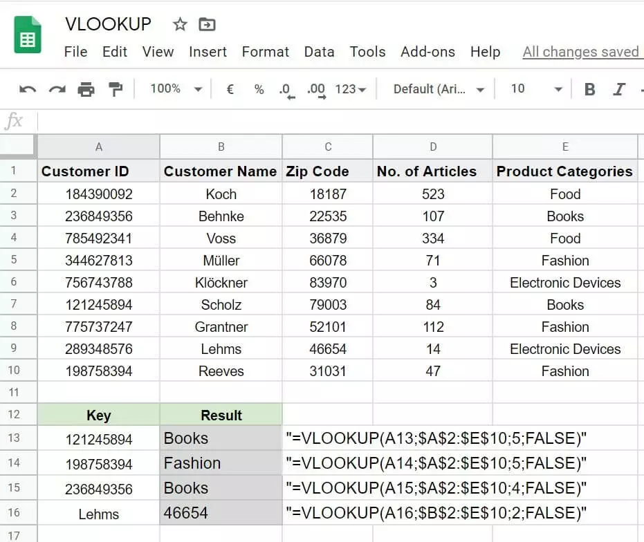 VLOOKUP results in Google Sheets