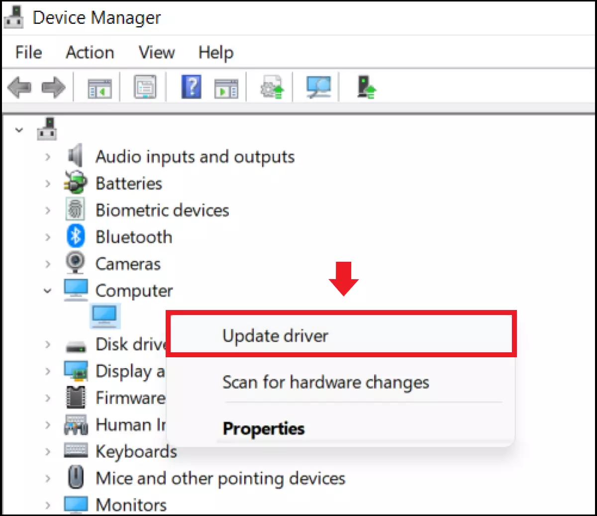 The “Update driver” button in device manager