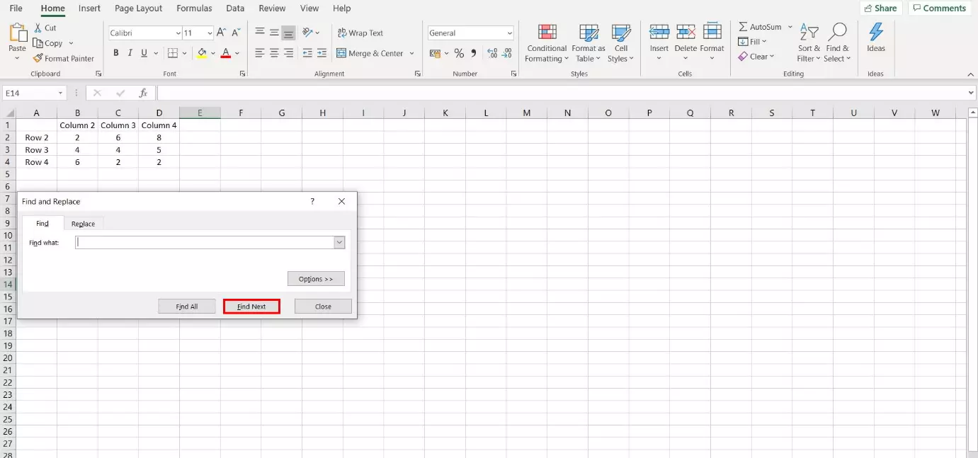 Excel dialog window Find and Replace