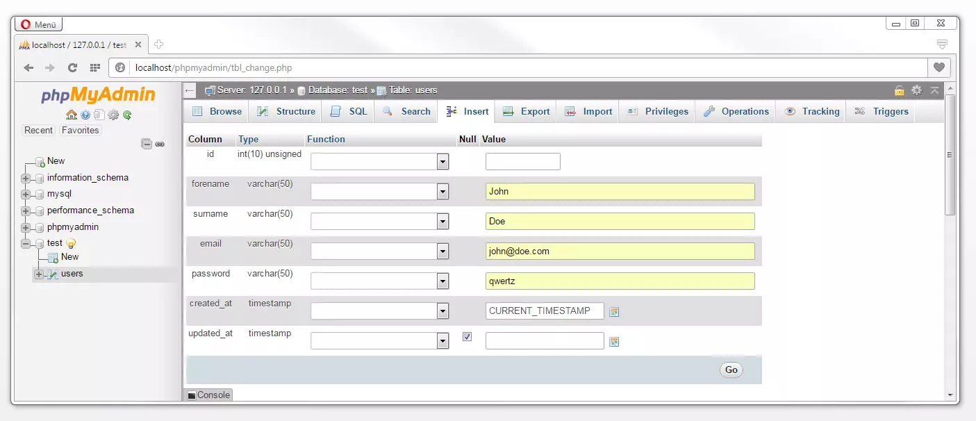 Create table entries with MYSQL