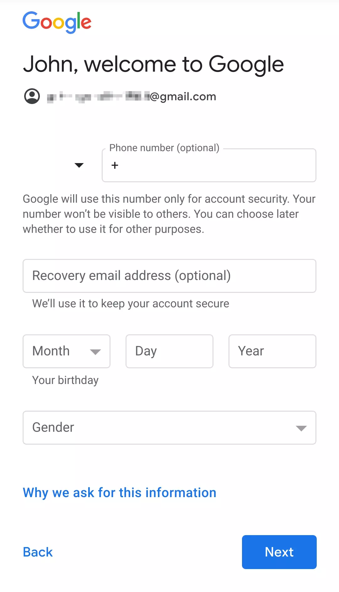 Entering personal data such as your phone number and date of birth on Google