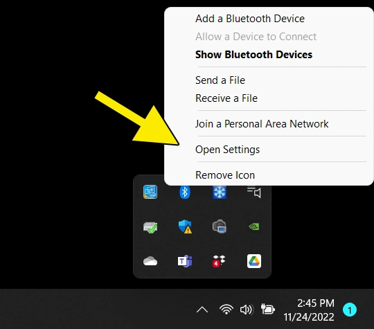 Bluetooth symbol: Context menu with “Open Settings”