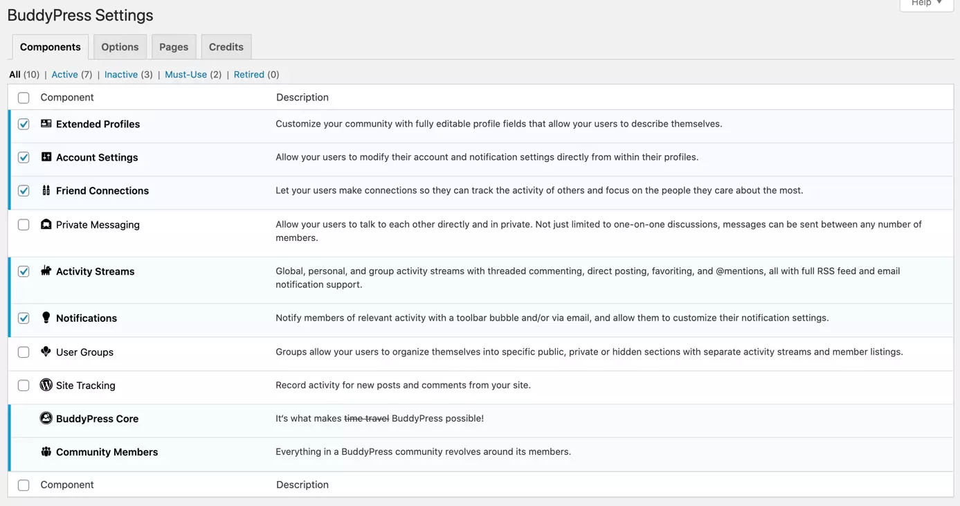 BuddyPress settings in the WordPress admin area