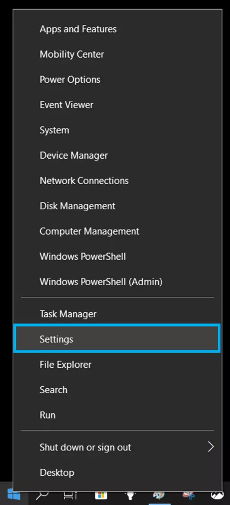 Settings in the Windows task list