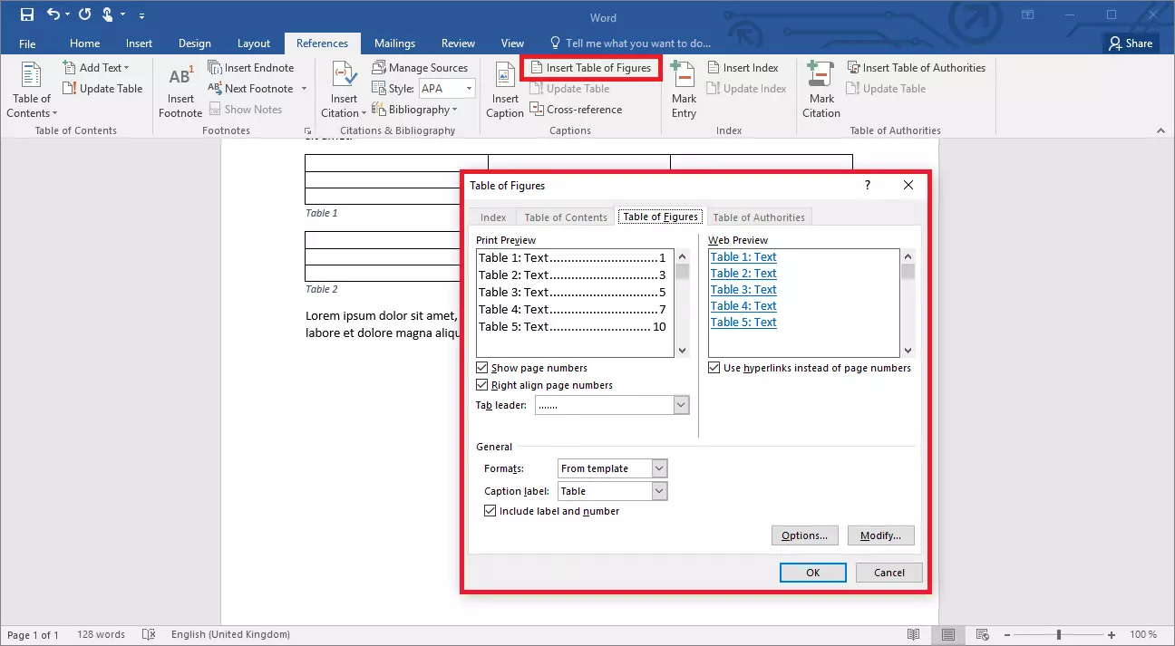 Create a table of figures in Word