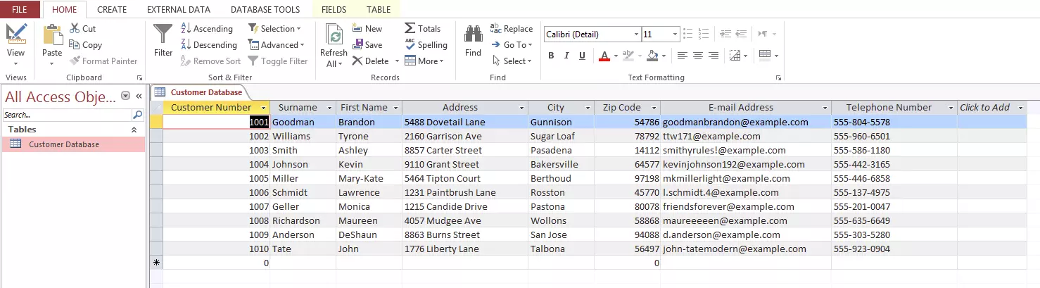 Example of a customer database in Microsoft Access