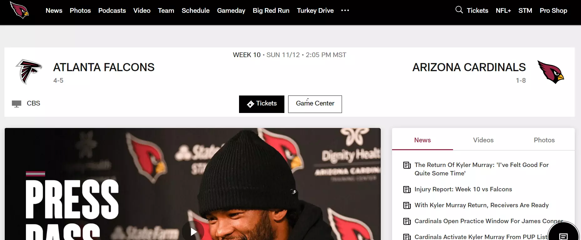 Screenshot of the Arizona Cardinals website