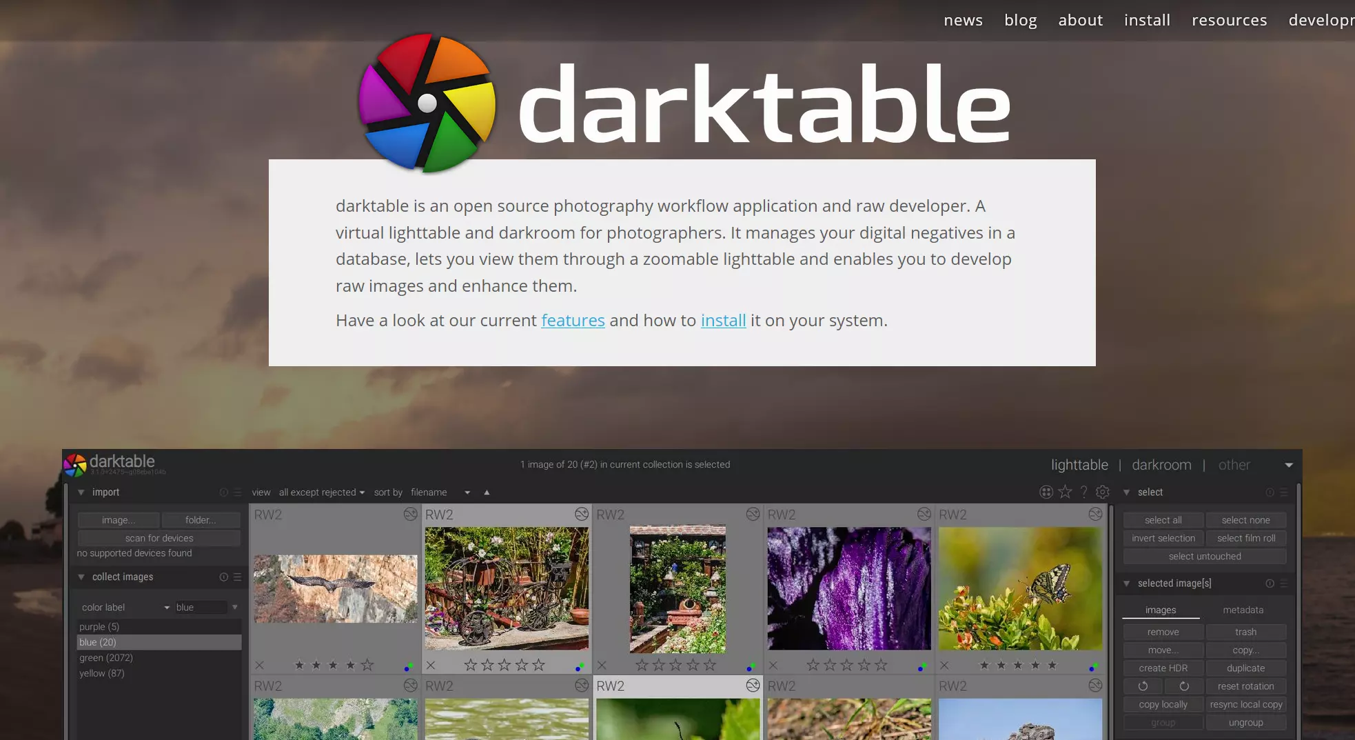 Screenshot of the darktable website