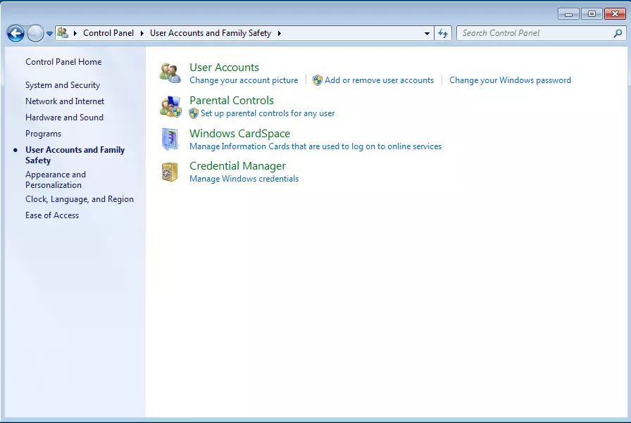 Windows 7 menu: “User Accounts and Family Safety”