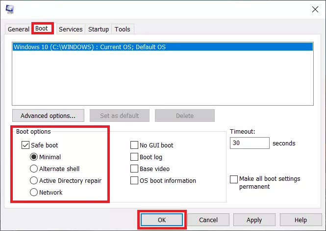 System configuration screenshot – start options – safe start