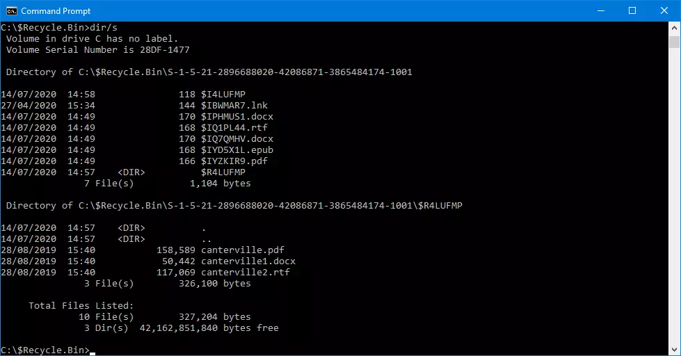 Restoring a deleted file using Command Prompt