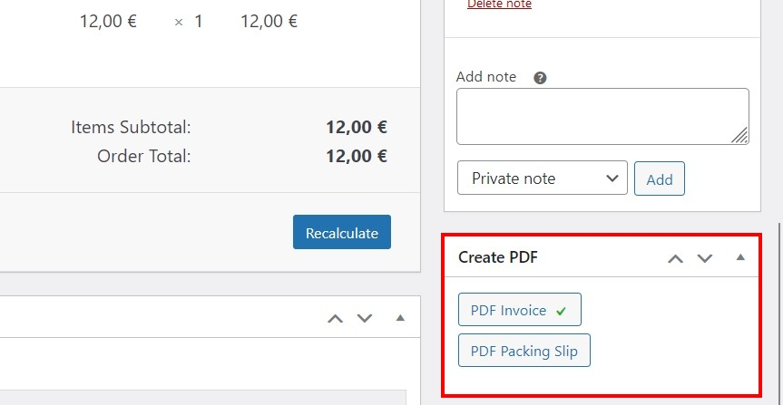 Screenshot of “Create PDF” menu in the WooCommerce backend