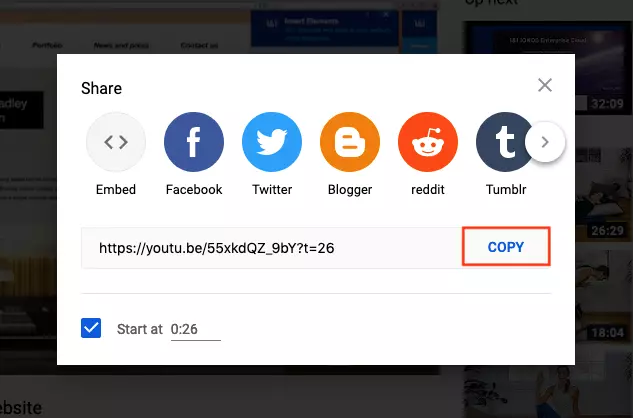 Obtaining a timestamped YouTube link in the “Share” menu