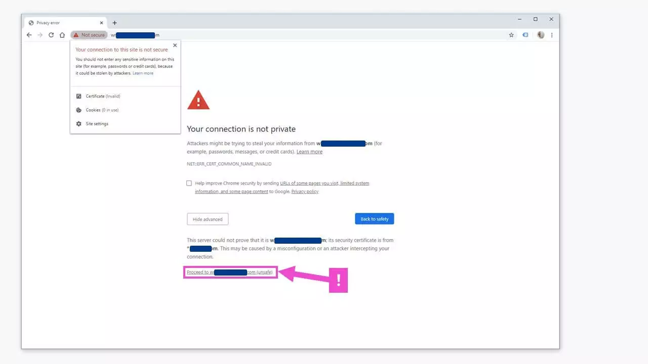 ERR_CERT_COMMON_NAME_INVALID error message: Option to visit the unsafe website