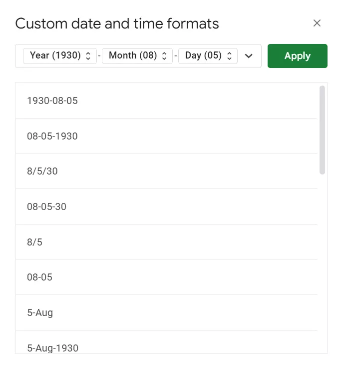 Screenshot of the various date formats