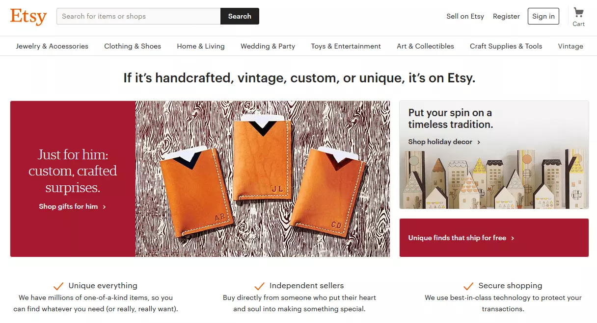 Screenshot of Etsy’s homepage