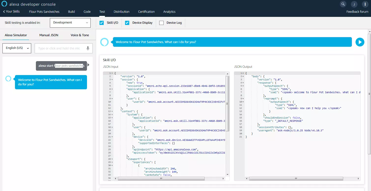 Alexa Developer Console: test environment