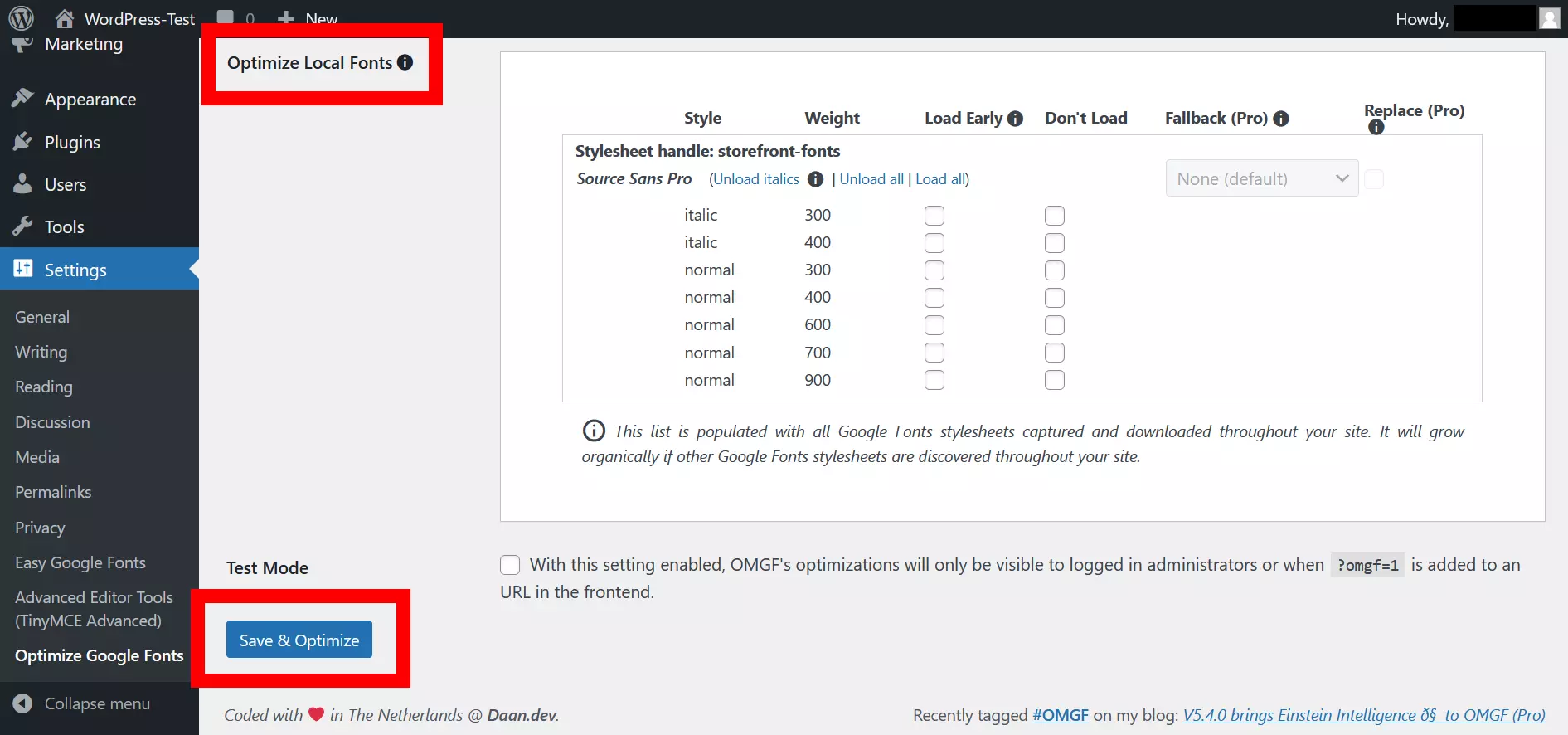 Screenshot of the OMGF plugin settings page