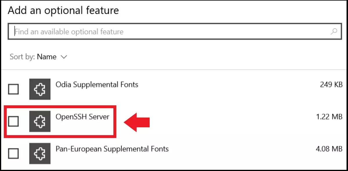 The installation of an OpenSSH server under the Windows features