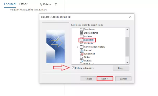 Outlook Import and Export Wizard: selection of data for export