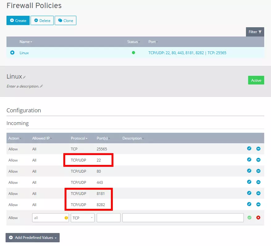 Firewall settings in the IONOS Cloud Panel with ports 22, 8181 and 8282 enabled