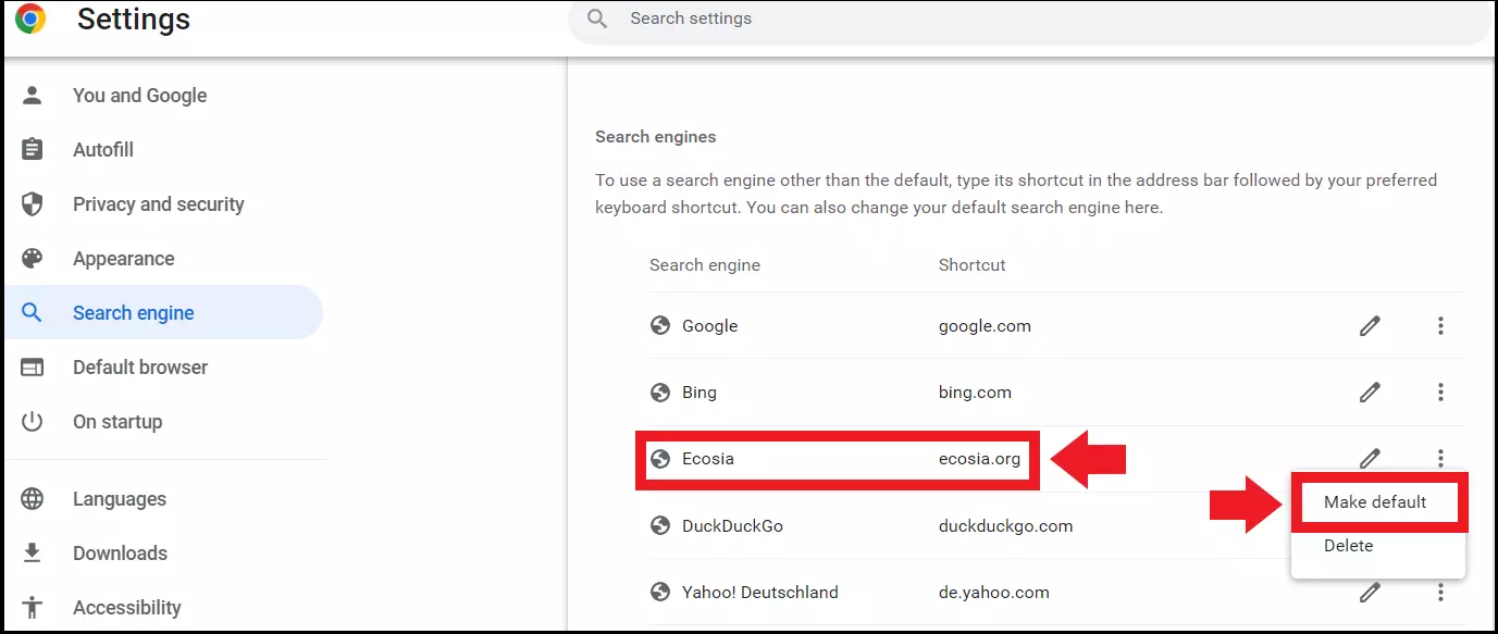 The Chrome menu “Make Default”