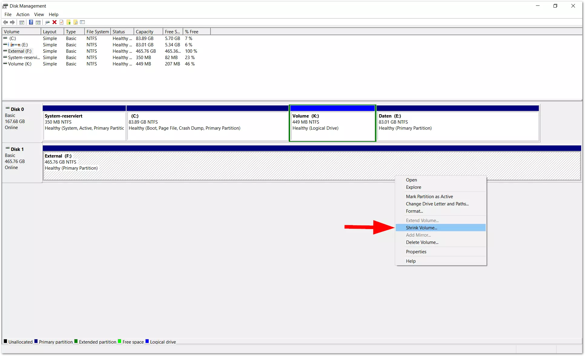 The standard view of Disk Management in Windows 10