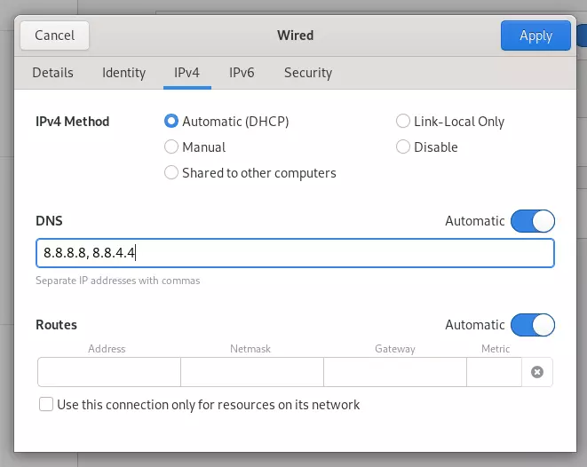 Network settings with option to enter DNS servers in Debian