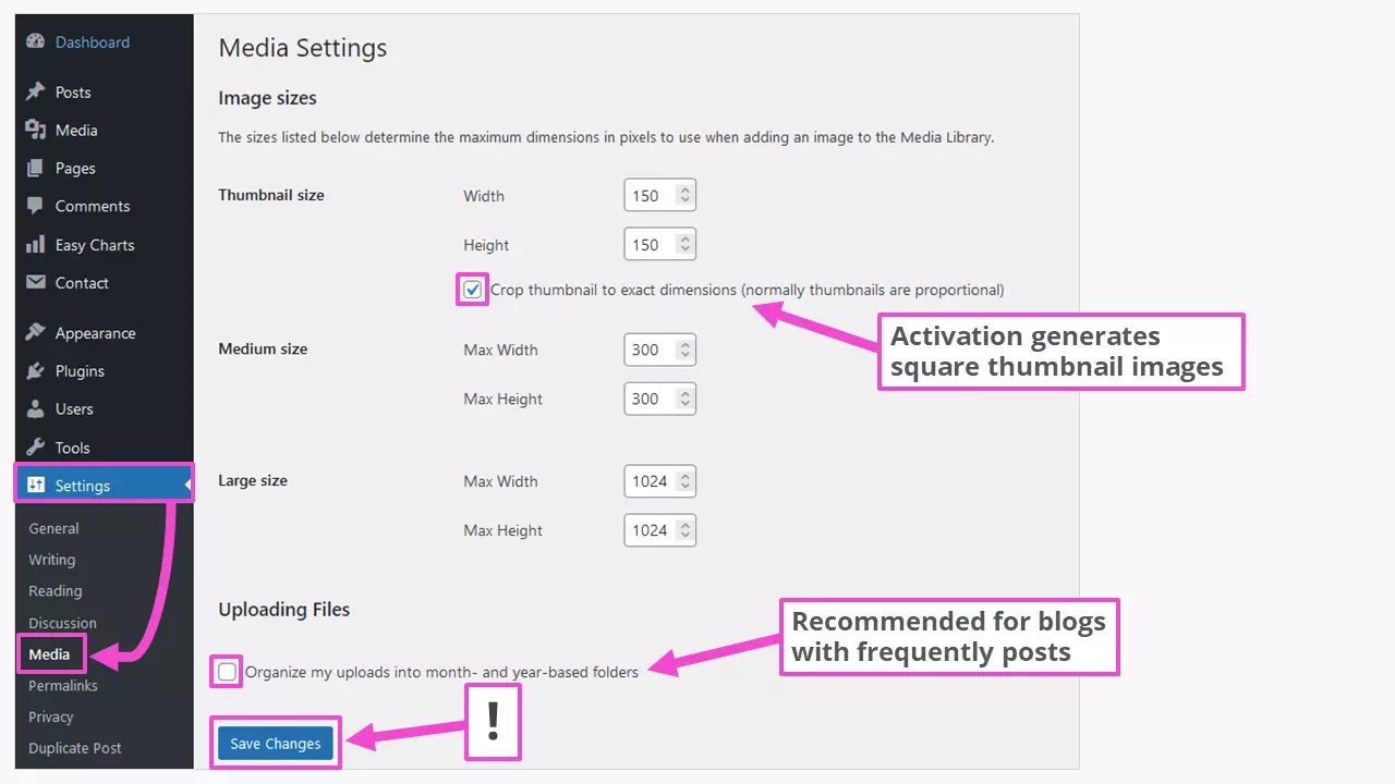 Image size settings in the WordPress backend