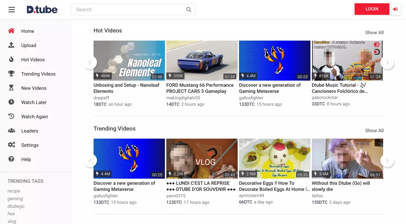 Screenshot of DTube main page