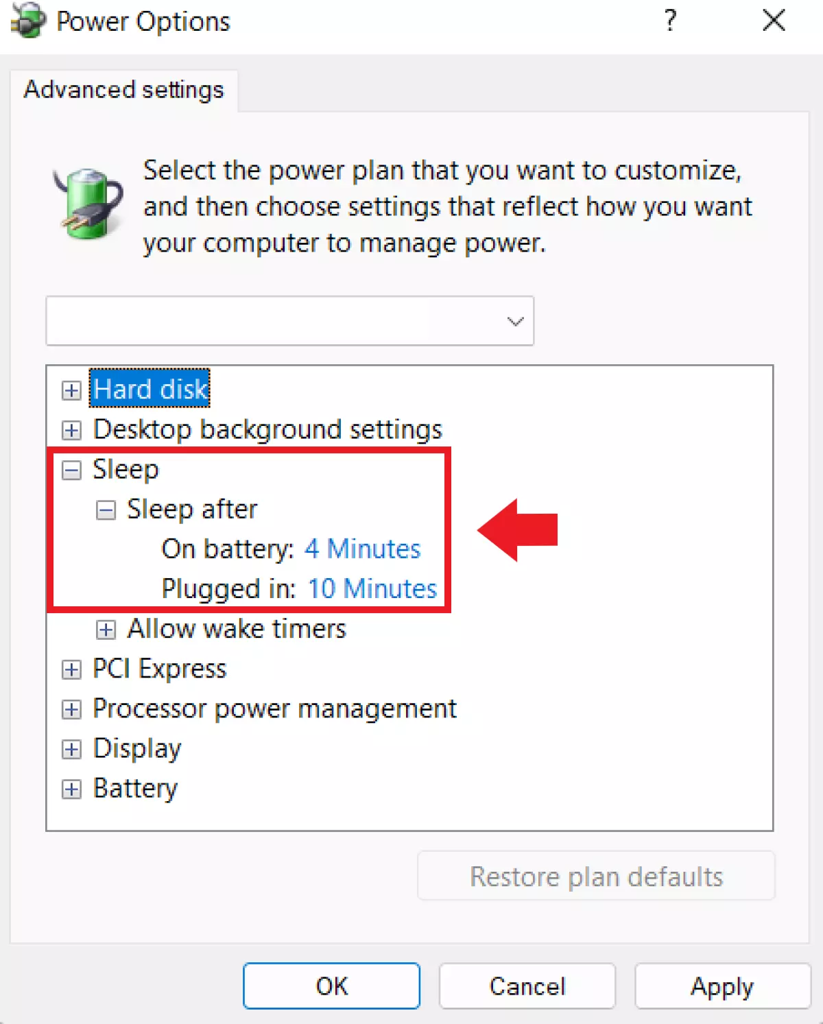 The advanced power settings in Windows Power Options