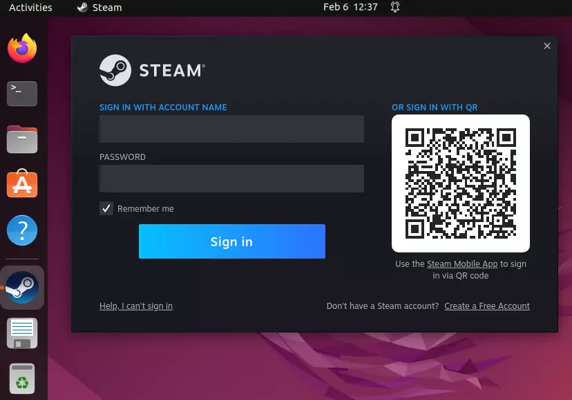 Steam in Ubuntu sign in screen