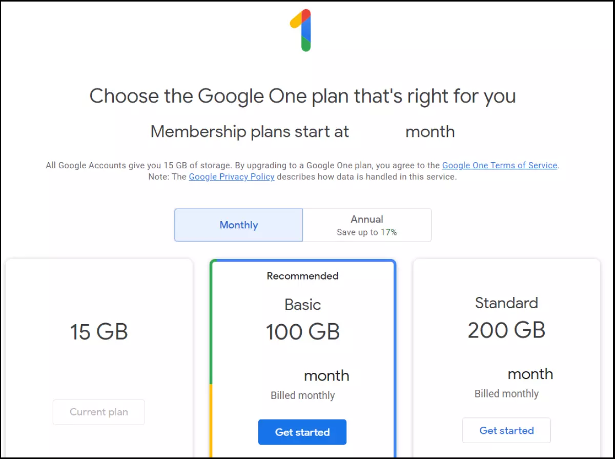 Google One plans overview