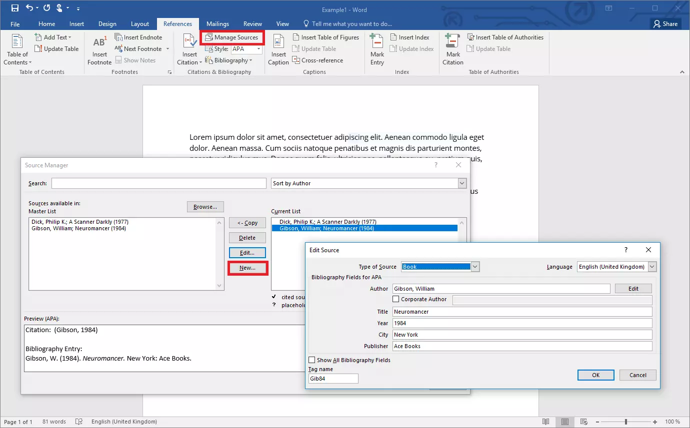 Source Manager in Word 