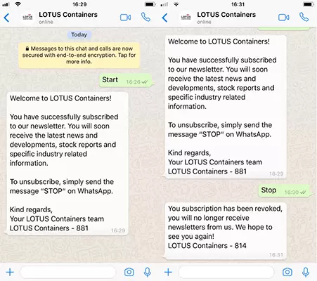 Examples of messages for starting and stopping WhatsApp newsletters