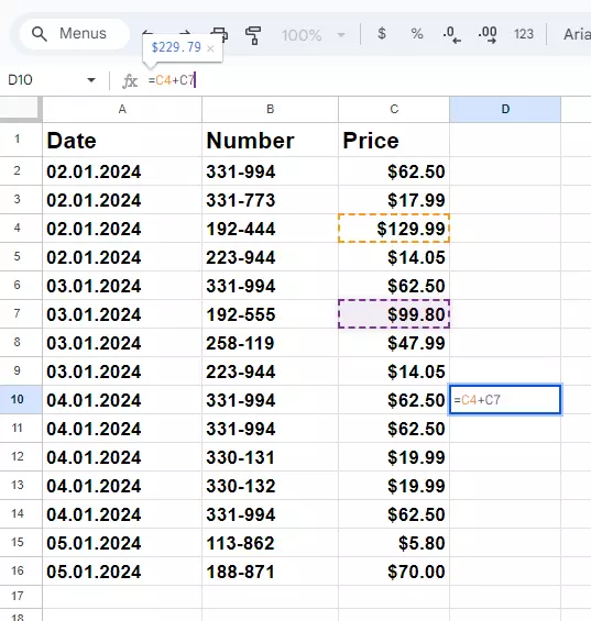 Screenshot of a formula in the edit line