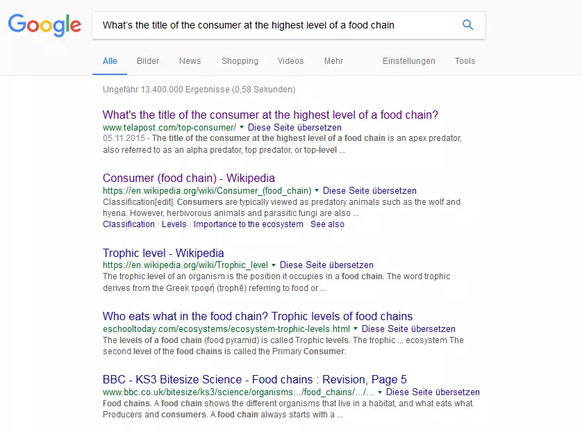 Google search results for the phrase 'What’s the title of the consumer at the highest level of a food chain'