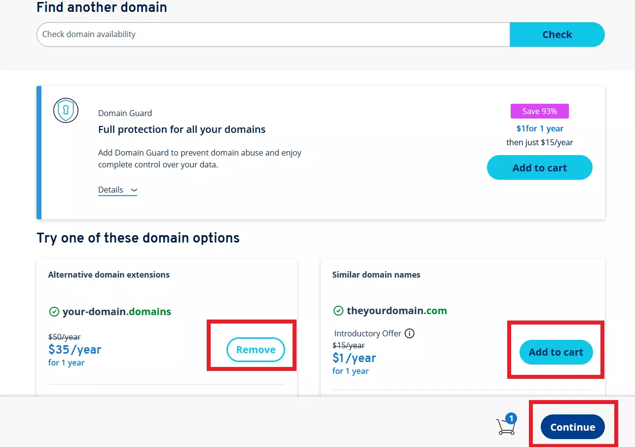 IONOS: selecting a domain for purchase 